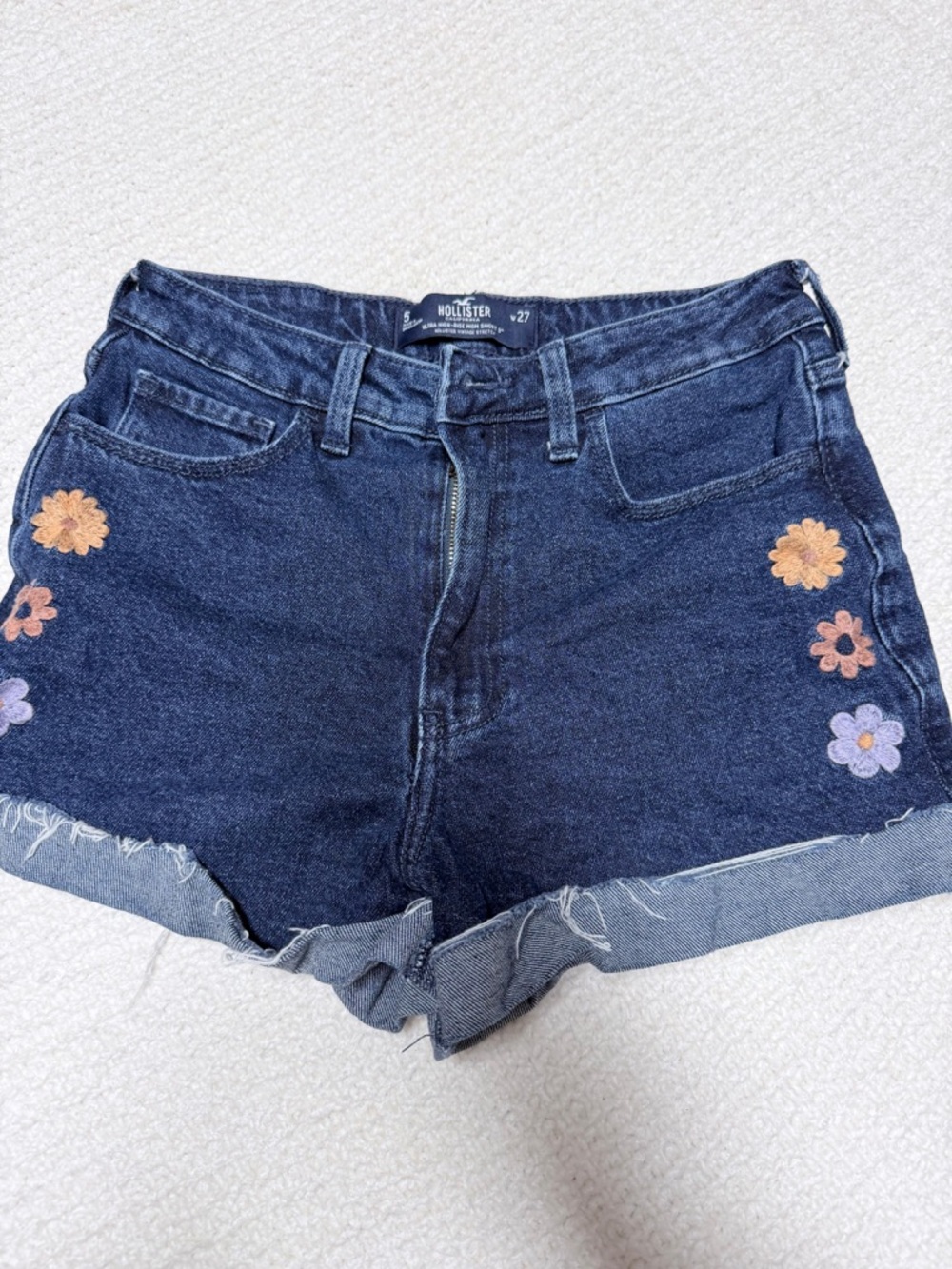 Hollister Dark Blue Denim Shorts with Floral Embroidery
